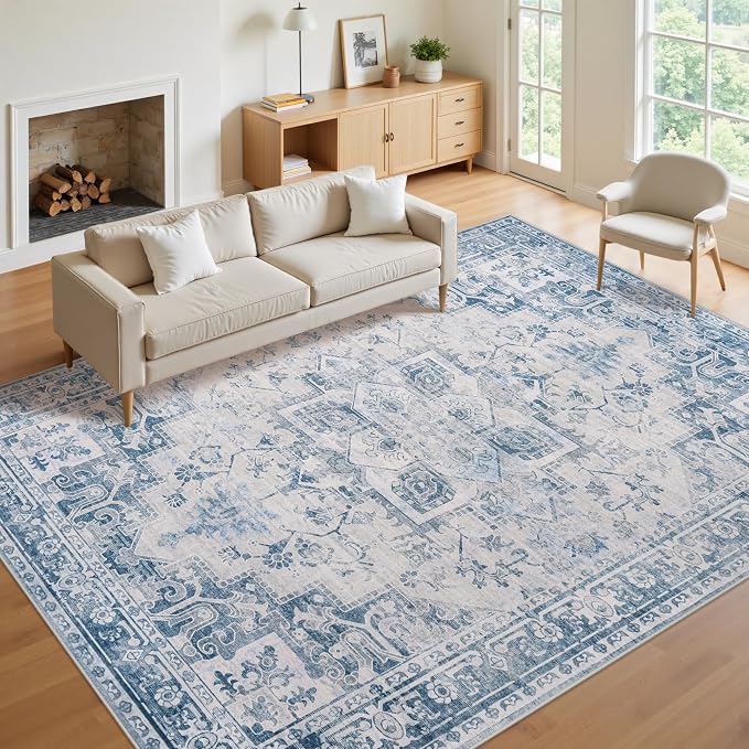 8x10 Area Rugs for Living Room:Blue Washable Vintage Medallion Boho Rug Non-Slip No Slip Stain Resistant Soft Low Pile Large Rugs Indoor Retro Carpet for Bedroom Nursery Dining (Blue Grey 8'x10')