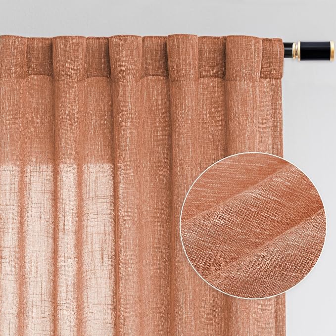 MYSKY HOME Orange Curtains for Bedroom, Short Curtains for Small Window, Boho Semi Sheer 2 Panel Set, Linen Style Texture for Closet/Kitchen, 50"x63", Burnt Orange