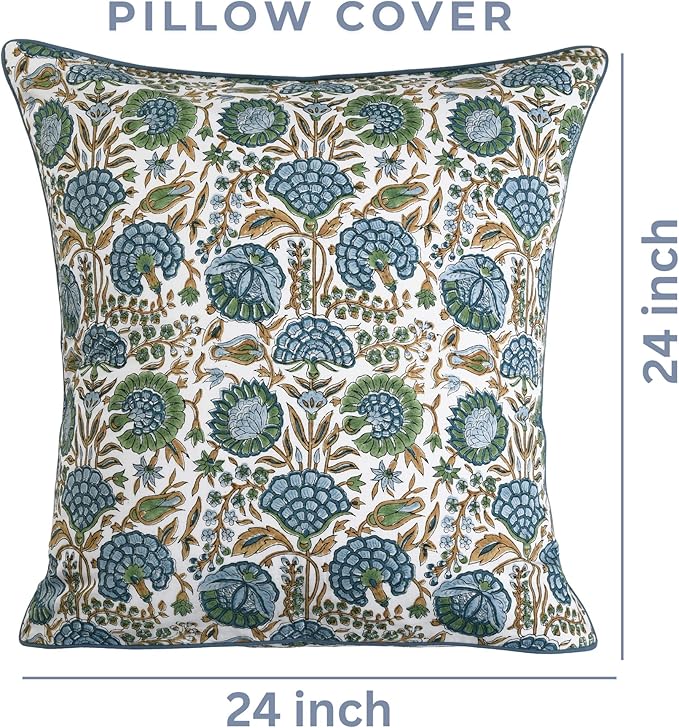 Ridhi Block Print Asparagus Green Pillow Cover 24" x 24" (Pack of 2) Decorative Couch Pillows for Living Room, Farmhouse Chic Boho Cute Outdoor Pillows Covers Gifts for Spring, Mother's Day