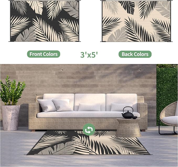 GENIMO Outdoor Rug 3'x5' Waterproof for Porch, Plastic Door Mat Black Beige | Outside Leaf Carpet for Patio Decor, Balcony, Deck, Backyard, Picnic, Camping, RV, Reversible, Foldable, Lightweight