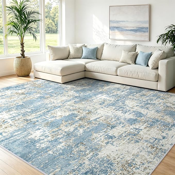 5x7 Area Rugs Living Room Rug Modern Abstract Neutral Washable Rugs Non Slip Soft Carpet Large Area Rug Low Pile Stain Resistant Non Shedding for Bedroom Nursery Dining Room Home Office Blue