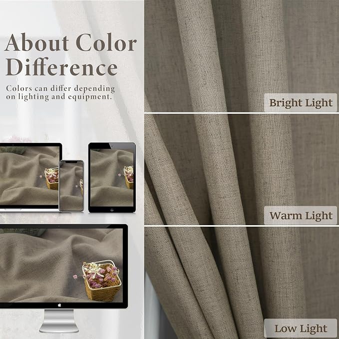 Extra Long Curtains 2 Panels Set Dark Taupe Linen Curtains 108 inches Long for Living Room Back Tab Extra Wide Curtain Neutral Farmhouse Semi Sheer Linen Drape Ceiling to Floor Length for Large Window