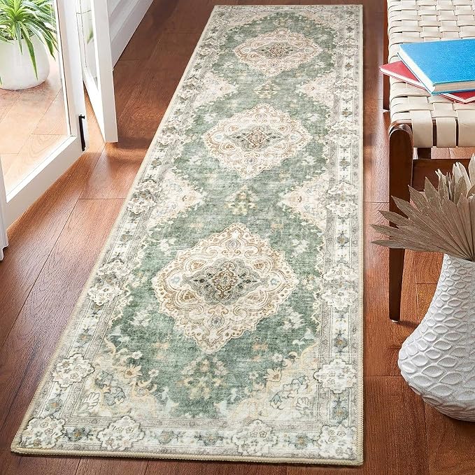 MUJOO Green Runner Rug Washable 2x8 Area Rugs Non Slip Low-Pile Flowers | Long Throw Carpet for Hallways Entryway Kitchen Bathroom Bedside Bedroom Laundry Boho Soft Indoor Retro Floral Sage Green