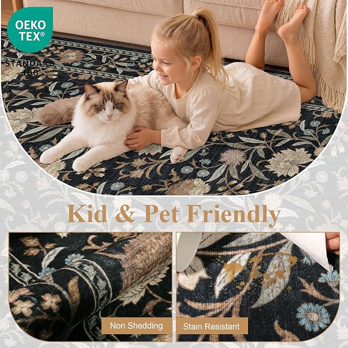 DUKINO 2x8 Runner Rug, Washable Vintage Floral Kitchen Rugs, Black | Non Slip, Low Pile, Stain Resistant Aesthetic Soft Carpet Runner for Hallway Bathroom Entryway Bedroom Farmhouse Laundry Room