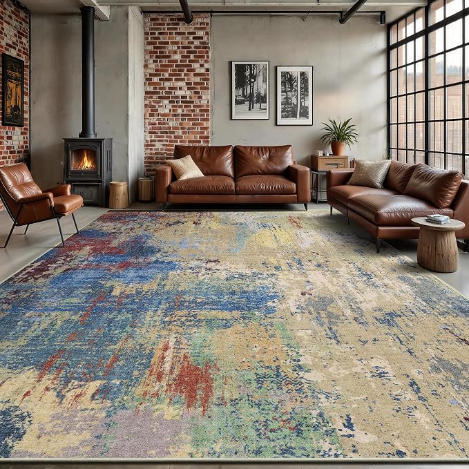 8x10 Rugs for Living Room - Modern Abstract Washable Rug, Ultra Soft Non Slip Low Pile Large Rugs, Floor Carpet for Bedroom Dining Room Office Laundry Nursery Home(Multi-Colorful)