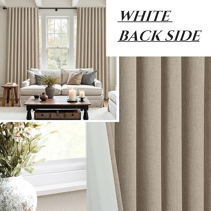 Blackout Curtains 60 Inches Extra Wide Grey Beige Linen Curtains 102 Inch Length for Living Room, Pleated Farmhouse Bedroom Thermal Drapes for Winter Large Window Energy Efficient(60"W x 102"L2Panels)