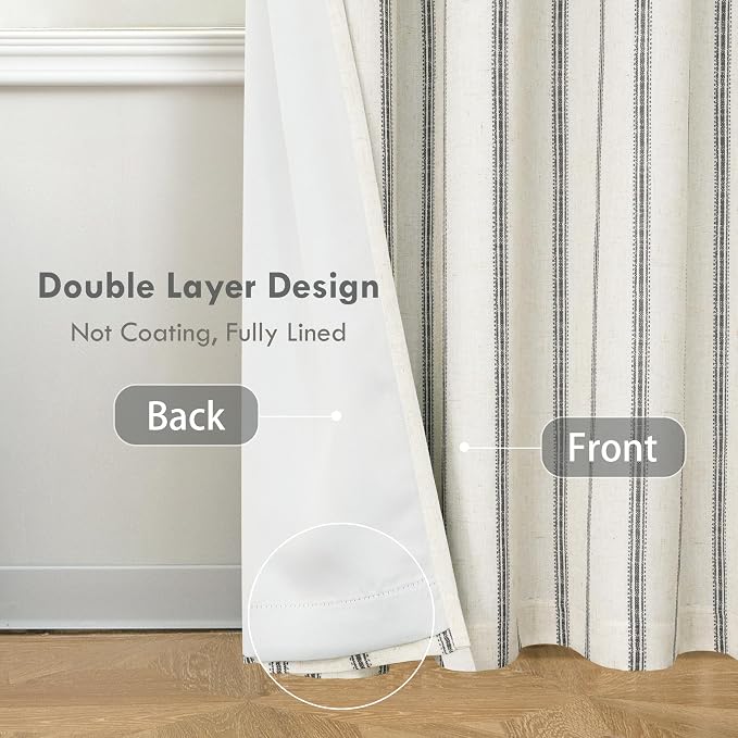 DriftAway Farmhouse Stripe Blackout Curtains, W52xL84, Black | Blackout, Linen Texture, Stripe Pattern, Rod Pocket & Back Tab, Two Layers, Bedroom Living Room Use, Sound Reducing Design