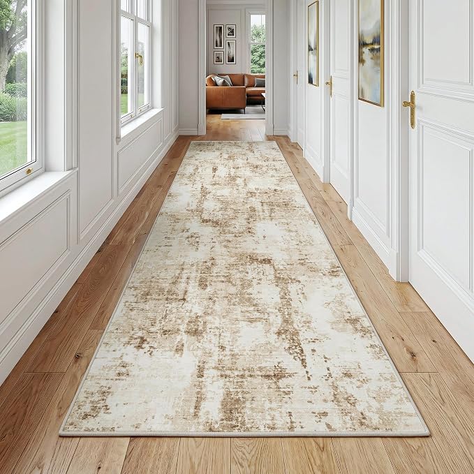 FMFUNCTEX 3x10 Runner Rug Washable Brown Beige Modern Abstract Neutral Non Slip Low Pile Entryway Hallway Soft Accent Indoor Carpet for Kitchen Bedroom Bathroom Laundry Entrance Bedside Living Room