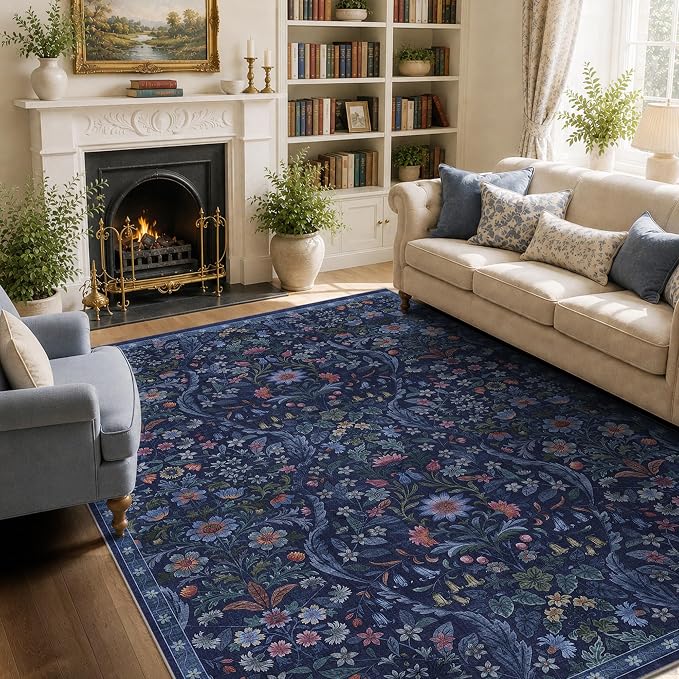 Floral Washable 6x9 Area Rug，Blue Boho Rugs for Living Room, Soft Low-Pile Non-Slip Stain Resistant & Non-Shedding Carpet for Bedroom, Dining Room, Office, Entryway, Nursery