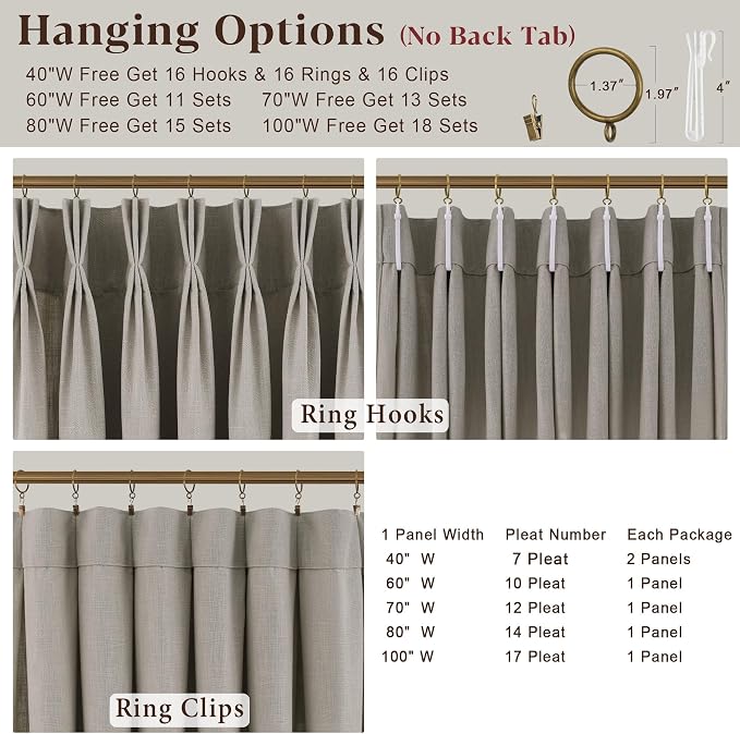 Taupe Linen Curtains 120 Inch Length 2 Panels Set Semi Sheer Light Filtering Privacy Window Drapes for Living Room Dark Flax Viral Pinch Pleated Curtains 120 Inches with Hooks Rings Burlywood Birch