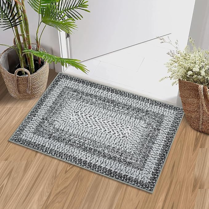 RUGSREAL 2x3 Entryway Rug Small Bedroom Area Rug Braided Printed Mat for Living Room Farmhouse Kitchen Mat Indoor Non Slip Rustic Throw Carpet Machine Washable Rug for Sink Under Table, Grey