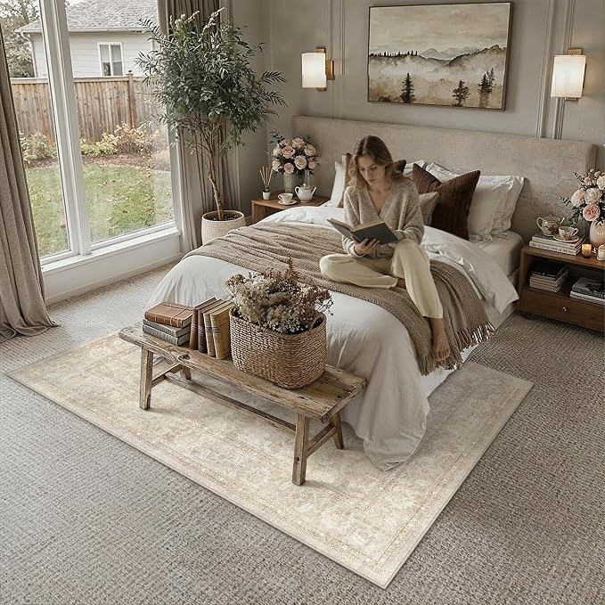 PureCozy 6x9 Beige Living Room Area Rug Vintage Washable Non Slip Indoor Carpet Distressed Low Pile Soft Retro Accent Throw Large Rug for Bedroom Dining Room Office