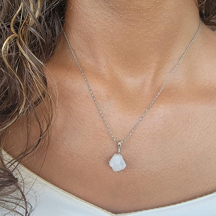 Natural raw gemstone pendant chain necklace with white gold over 925 solid sterling silver, birthstone dainty solitaire gift for her, uniquelan jewelry