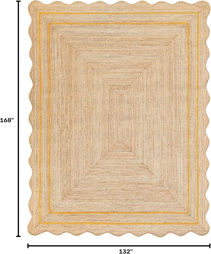 Wave Scalloped Natural Jute Rug Boho Jute Rug Entryway Runner Rug Farmhouse Scallop Rug, Yellow (11'x14')