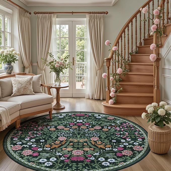 Round Area Rug for Living Room: 8 ft Floral Washable Circle Rug Soft Boho Non-Slip Carpet Indoor Floor Stain Resistant Low Pile Small Circular Rug for Bedroom Entryway Kitchen Nursery Dark Green