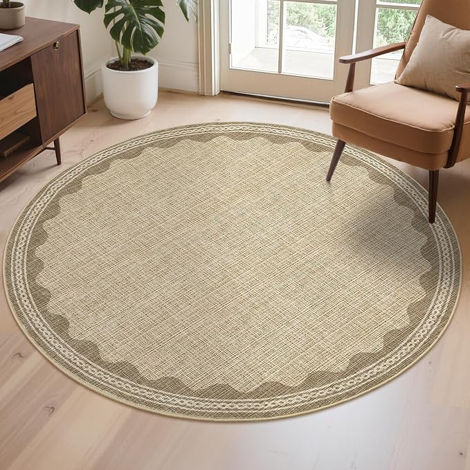 4ft Scalloped Round Rug Jute Washable Living Room Bedroom Area Rugs | Small Solid Rug for Bedroom Girls, Non Slip Scalloped Round Bath Mat, Soft Dorm Nursery Carpet for Bedside