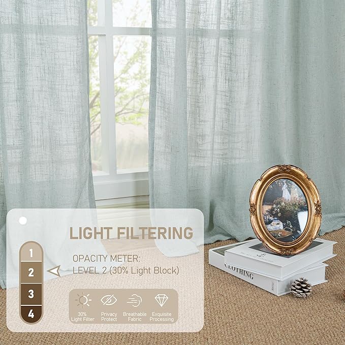 LAMIT Linen Semi Sheer Curtains 48 Inch for Bedroom, Light Filtering Neutral Window Curtains Farmhouse Boho Back Tab and Rod Pocket Panels, Greyish Blue, 2 Panels, 52 x 48 Inch
