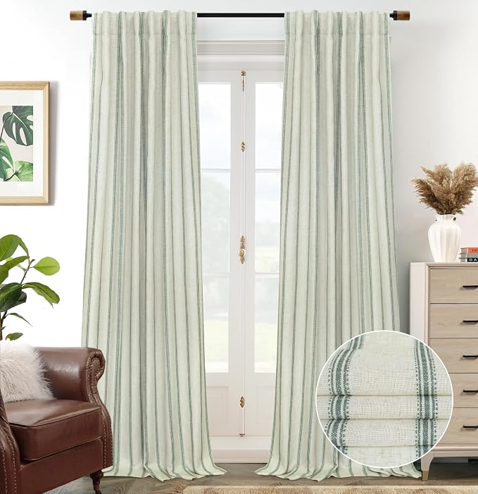 DriftAway Farmhouse Stripe Blackout Curtains, W52xL108, Loden Green | Blackout, Linen Texture, Stripe Pattern, Rod Pocket & Back Tab, Two Layers, Bedroom Living Room Use, Sound Reducing Design