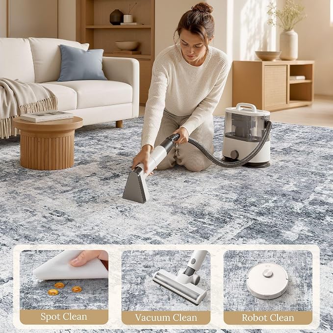 cotiled Washable Area Rug 8x10, Non-Slip Soft Neutral Rug for Living Room | Modern Abstract Carpet, Stain Resistant and Kid & Pet Friendly, Ideal For Bedroom, Dining Room, Nursery, Office - Blue/Gery