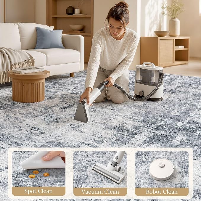cotiled Washable Area Rug 7x9, Non-Slip Soft Neutral Rug for Living Room | Modern Abstract Carpet, Stain Resistant and Kid & Pet Friendly, Ideal For Bedroom, Dining Room, Nursery, Office - Blue/Gery