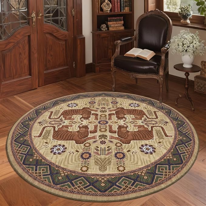 GarveeHome Tiger Round Area Rugs, 4ft Boho Brown Animal Print Bedroom Circle Rugs Non Slip, Washable Vintage Tribal Floor Carpet for Dining Room Entryway Nursery Playroom Office