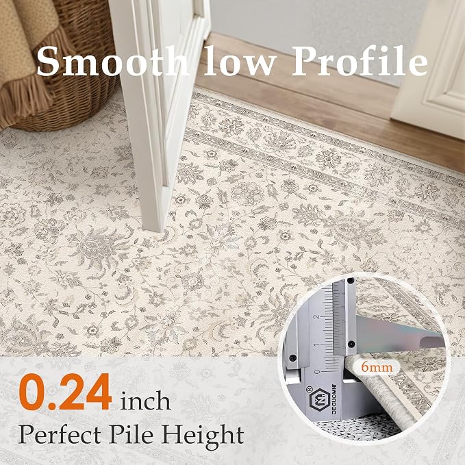 PureCozy 8x10 Area Rug Beige Washable Vintage Carpet Living Room Bedroom Large Non Slip Stain Soft Resistant Low Pile Thin Boho Accent Indoor Throw Rug for Dining Room Office