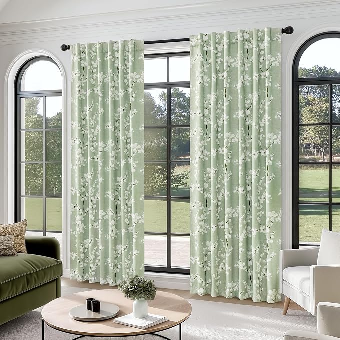 FMFUNCTEX 100% Blackout Green Floral Curtains 84 Inch Rod Pocket 2 Panels | Black Out Drapes, Thermal Insulated Cottage Farmhouse, Blossom Flower Patterned Curtain for Bedroom, Living Room Darkening
