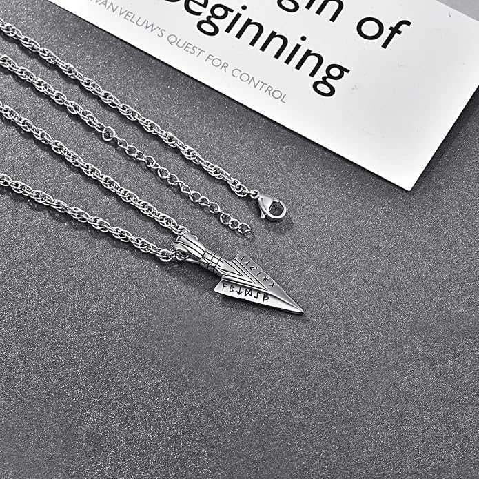 KINGWHYTE 925 Sterling Silver Arrowhead Viking Necklace for Men | Spear Head Pendant,Norse Viking Amulet Jewelry, Birthday Gifts, with 20" + 2'' Chain