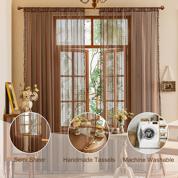Sutuo Home Caramel Boho Curtains 2 Panels, Sheer Lace Curtains 90 Inches Long for Bedroom Kitchen Bohemian Crochet Vintage Tassels Window Treatments Rustic Geometry Rod Pocket, 50" x 90" Dark Coffee