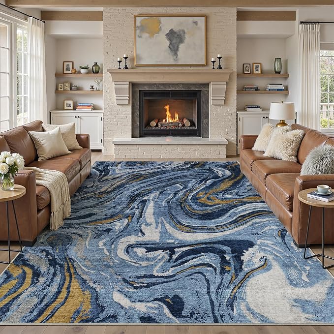 DMOYEST 7x9 Area Rug for Living Room - Washable Neutral Modern Abstract Rugs Soft Non-Slip Carpet Low Pile Indoor Floor Mat for Bedroom & Dining Room Decor for Families with Kids and Pets - Dark Blue