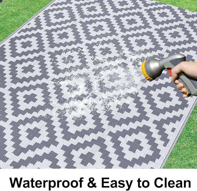 Smiry Waterproof Outdoor Rug 9X18 ft, Reversible Plastic Straw Patio Camping Rugs, Outdoor Indoor RV Mat Carpet for Patio, Outside Entry, Backyard, Deck, Bench, Picnic, Camper, White & Grey