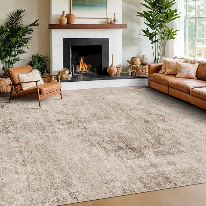 Hazo Haus Farmhouse Area Rugs for Living Room - 7x10 Washable Modern Abstract Rug for Bedroom, Dining Room Under Table, Home Office, Soft Washable & Stain Resistance (Beige & Brown & Peach)