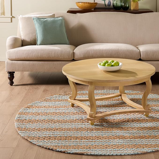 Martha Stewart X SAFAVIEH Collection Area Rug - 6' Round, Natural & Light Blue, Handmade Wool & Jute, Ideal for Living Room, Bedroom, Dining Space (MSR9528L)