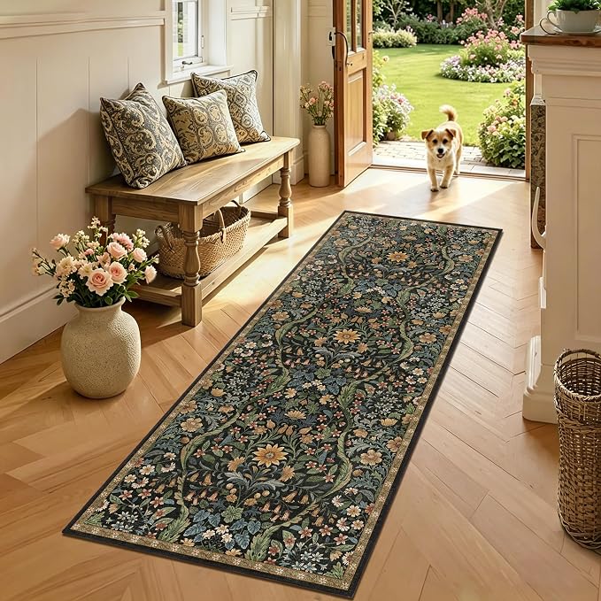 2x5 Washable Runner Rug,Black Brown Floral Boho Area Rug for Hallway,Low-Pile Non-Slip Stain Resistant Carpet for Kitchen, Bedside,Laundry Room,Entryway