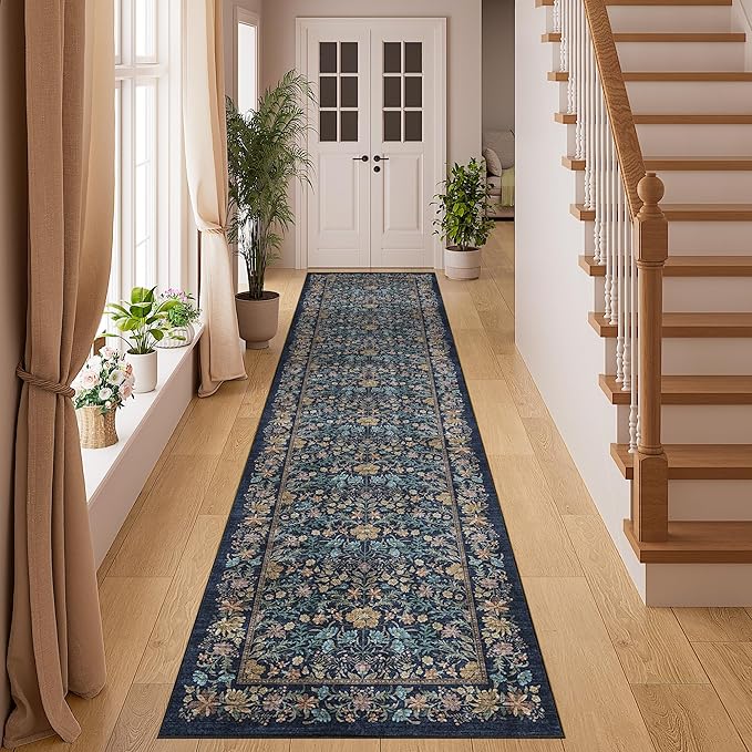 DUKINO 2x8 Runner Rug, Washable Vintage Floral Kitchen Rug, Dark Blue | Non Slip, Low Pile, Non-Shedding, Stain Resistant Aesthetic Soft Carpet Runner for Hallway Bathroom Laundry Bedroom Entryway