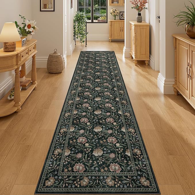 DUKINO 2x8 Runner Rug, Washable Vintage Floral Kitchen Rugs, Dark Green | Non Slip, Low Pile, Stain Resistant Aesthetic Soft Carpet Runner for Hallway Bathroom Entryway Bedroom Farmhouse Laundry Room