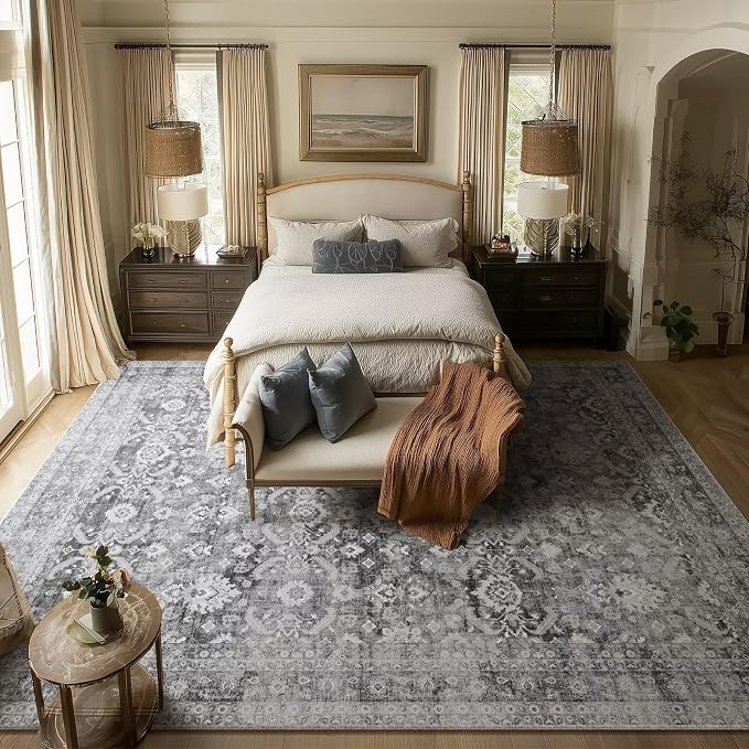 Boho Washable 8x10 Area Rugs for Living Room, Cushioned, Grey | Vintage Non-slip Neutral Oriental Rugs for Bedroom Dining Room Nursery Office High Traffic Area
