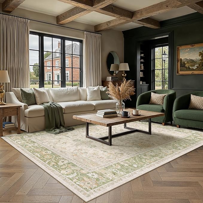 6x9 Sage Green Washable Area Rug Non Slip Vintage Carpet | Soft Low Pile, Lightweight Foldable, Pet Friendly, Living Room, Bedroom, Dining Room, Classroom, Playroom