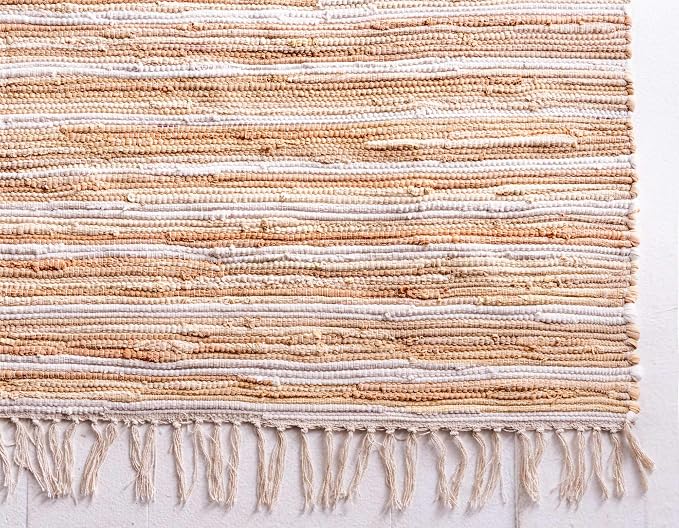 Unique Loom Chindi Cotton Collection Soft Hand Woven Natural Fiber Striped Area Rug, 2 ft 2 in x 3 ft, Beige/Ivory