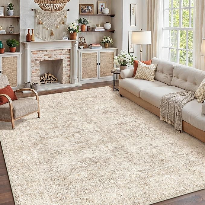 7x9 Beige Washable Area Rug for Living Room Bedroom Neutral Soft Non Slip Rug Low Pile Vintage Distressed Carpet for Dining Room Nursery Office Indoor