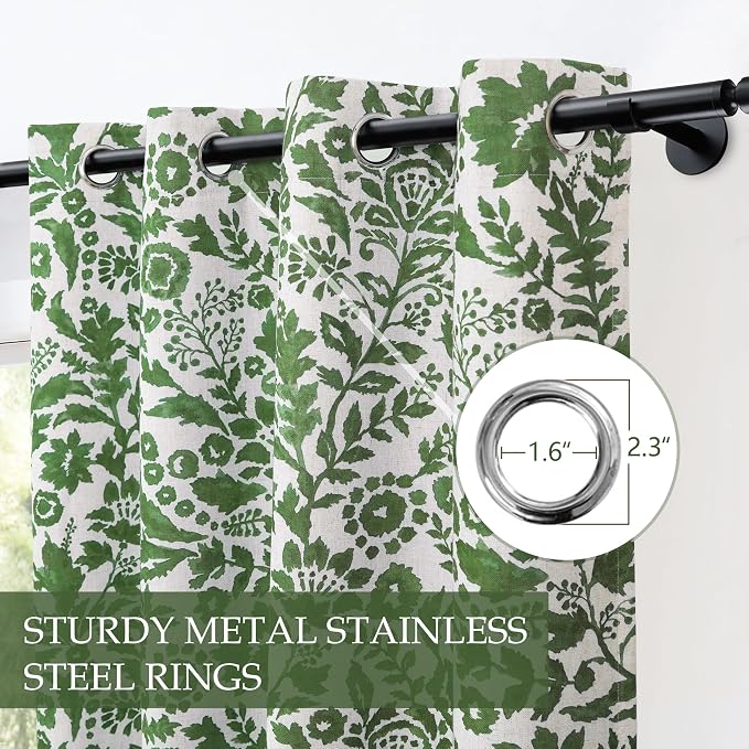 DriftAway Julia 100% Blackout Curtains Grommet 2 Panels, W52xL84, Green | Floral Curtains, Bedroom, Living Room, Linen Blend, Watercolor Pattern, 2 Layers, Thermal Insulated, Window Treatment