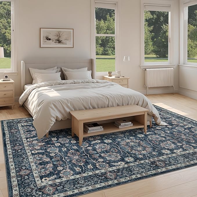 5x7 Vintage Washable Area Rug Blue | Living Room,Low Pile Non Slip Carpet Non-Shedding Soft Indoor Stain Resistant Rug Floral Print Mat for Bedroom Dining Room