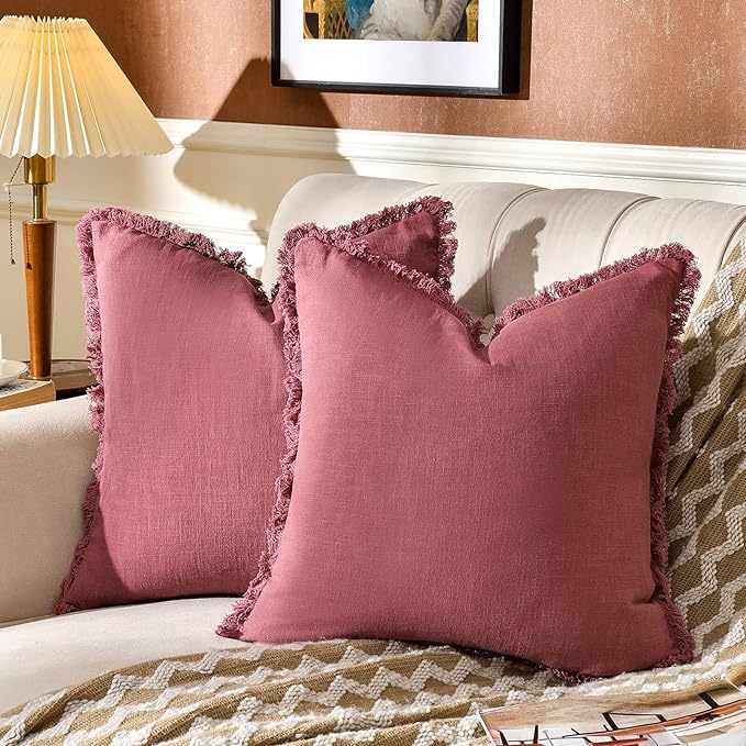 AmHoo Pack of 2 Linen Pillow Covers with Tassels Fringed Decorative Rustic Natural Throw Pillowcase Cushion for Couch Sofa Bedroom 16 x 16-Inch Dusty Rose