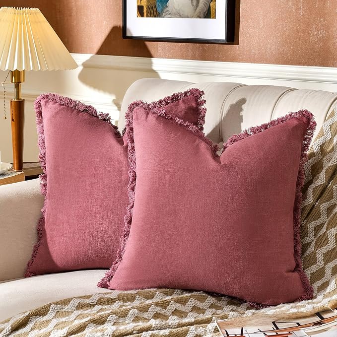 AmHoo Pack of 2 Linen Pillow Covers with Tassels Fringed Decorative Rustic Natural Throw Pillowcase Cushion for Couch Sofa Bedroom 24 x 24-Inch Dusty Rose