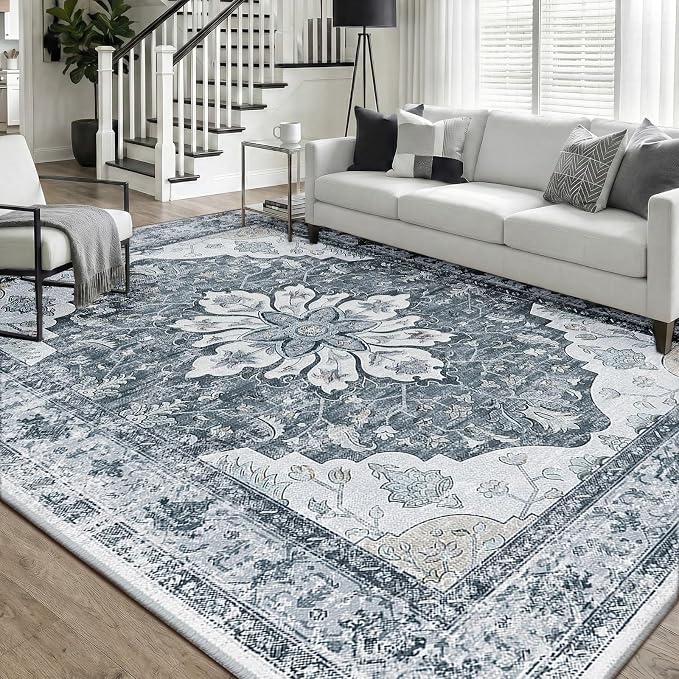 RELEANY Area Rugs 5'x7' Washable Non-Slip, Floral Vintage Distress Medallion Carpet for Living Room Bedroom Dining Room, Light Gray Grey White