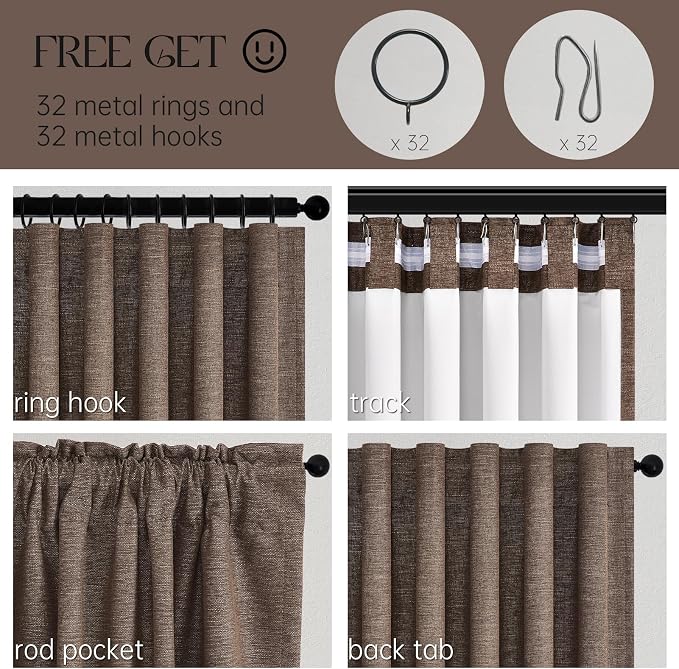 Topfinel Dark Brown 100% Blackout Linen Living Room Bedroom Curtains 84 Inch Length Pleated Curtains Ring Hooks Back Tab Black Out Room Darkening Drapes 52Wx84L Inches Long 2 Panels