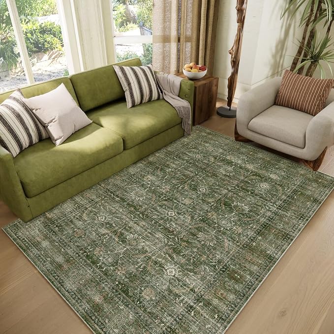 Washable 4x6 Rugs, Boho Vintage Non-Slip Distress Rugs, Red/Brown | 0.3" Neutral Throw Rugs for Bedroom Kitchen Nursery Living Room, Cushioned Area Rug for High-traffic