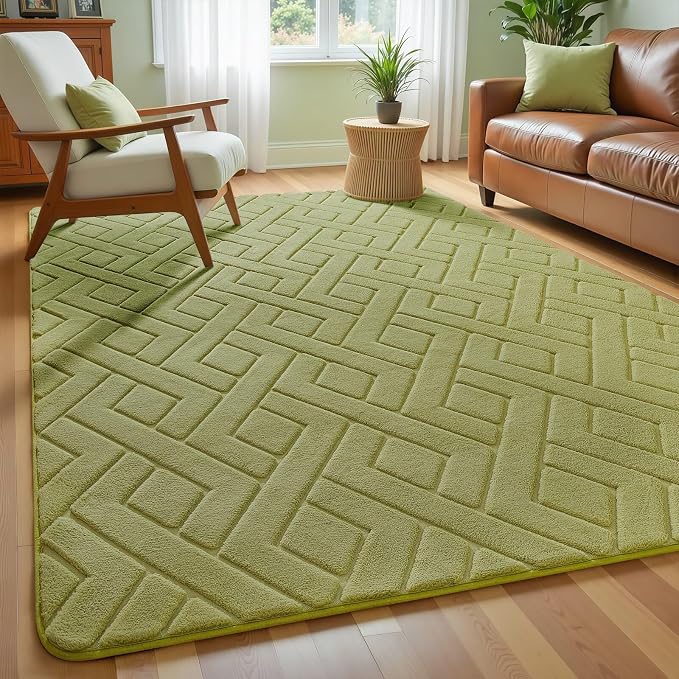 Macgace Ultra Soft Green Area Rug for Living Room, 5x7 Modern Geometric Shag Rugs with Nonslip Backing for Bedroom, Washable Fuzzy Carpet for Cozy Kids Room