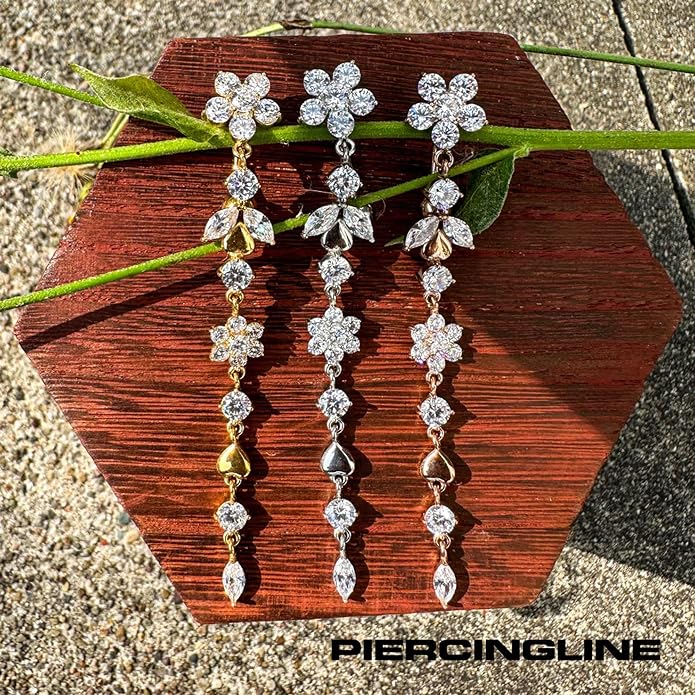 PIERCINGLINE surgical steel dangle belly button piercing with flower tendril - belly button ring surgical steel, gold, silver, rosegold piercing - new version with improved durability