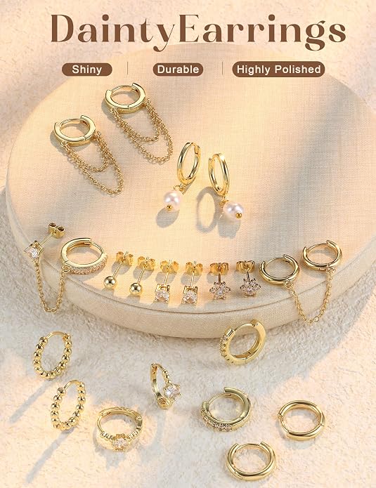 Small 14K Gold Plated Huggie Hoop Earrings for Women Lightweight Double Piercing Chain Earrings Dainty Stud Earrings Hypoallergenic 14K Gold Plated Hoop Earrings Set